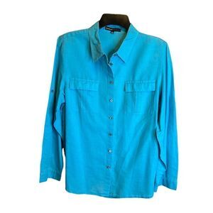 5 for $25🔥Chaus Sport Linen Blend Blue Button Front Long Sleeve Blouse Large